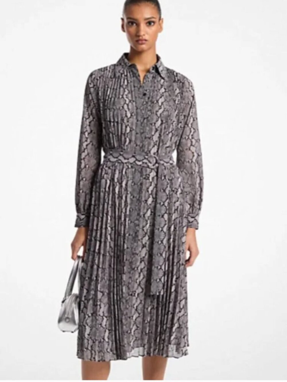 Michael Kors Gray Snakeskin Pleated Belted Shirtdress Women's XS